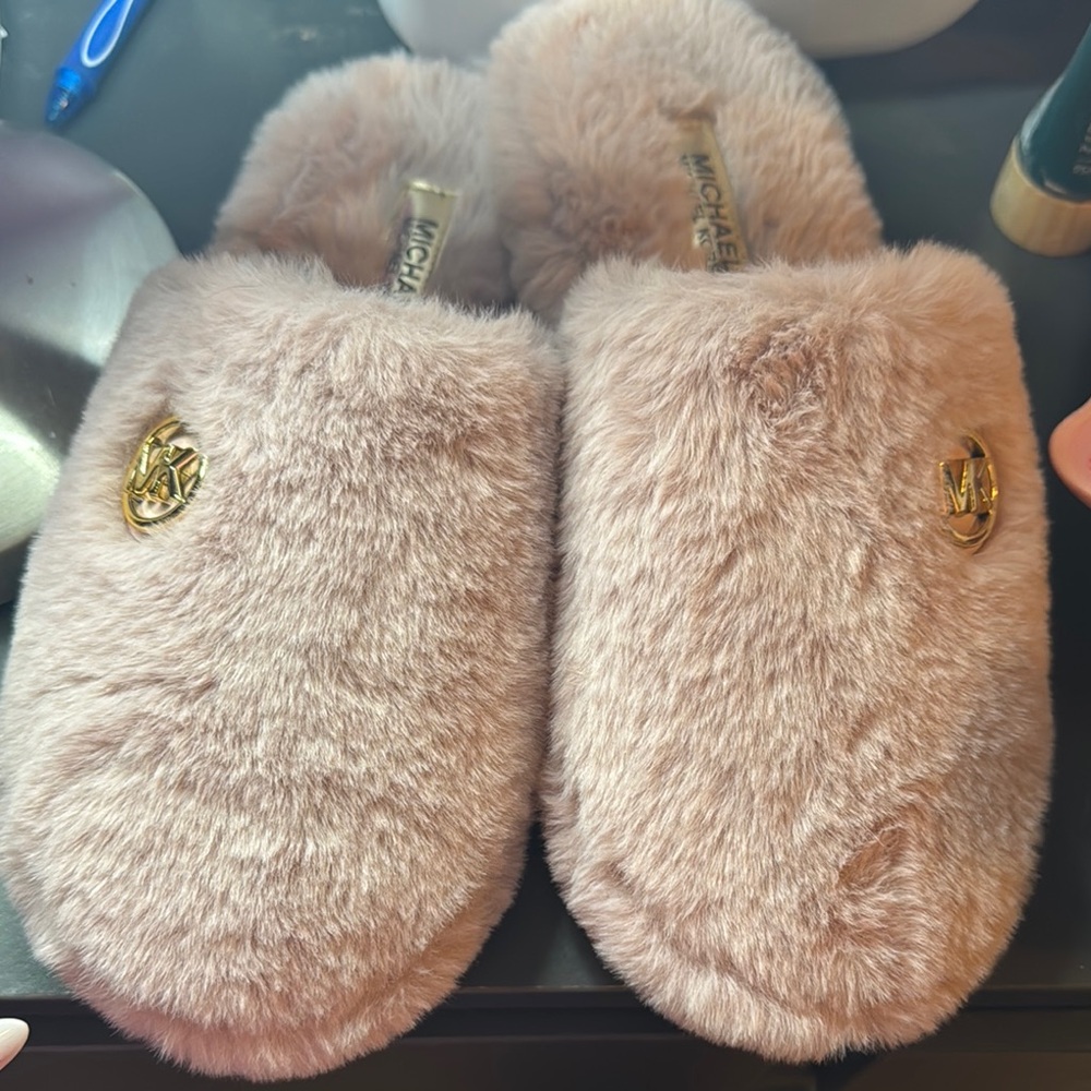 Michael Kors Pink Plush Slippers with Open Back